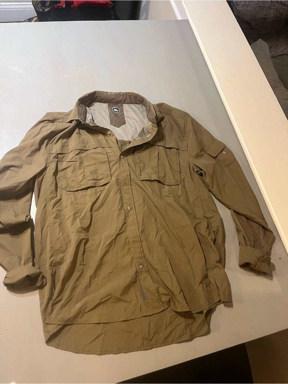 REI Co-op Men's Large Sahara Long-Sleeve Hiking Shirt Khaki Brown Vented Utility